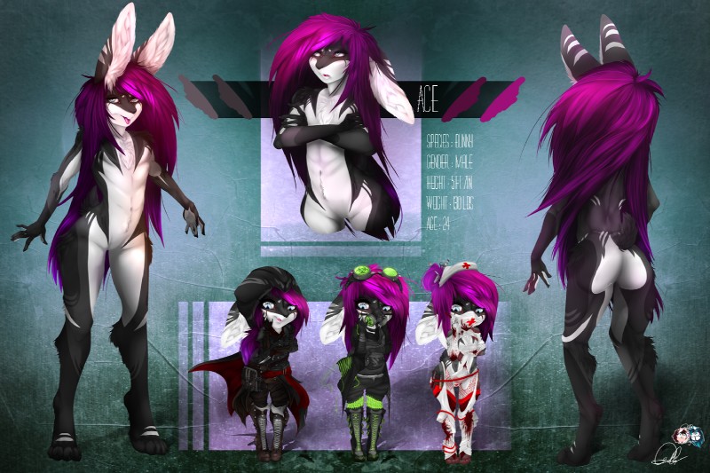 abstract_background alternative_fashion black_body black_fur blood blue_eyes bodily_fluids buckteeth butt cape chibi clothing cosplay cybergoth eyewear featureless_crotch femboy fur gas_mask goggles goth grey_markings hair hood long_ears long_hair male markings mask navel nurse nurse_clothing nurse_uniform open_mouth purple_hair short_tail simple_background smile solo standing tail teeth uniform white_markings avoid_posting zingiber assassin's_creed ubisoft ace_(zingiber) lagomorph leporid mammal rabbit model_sheet