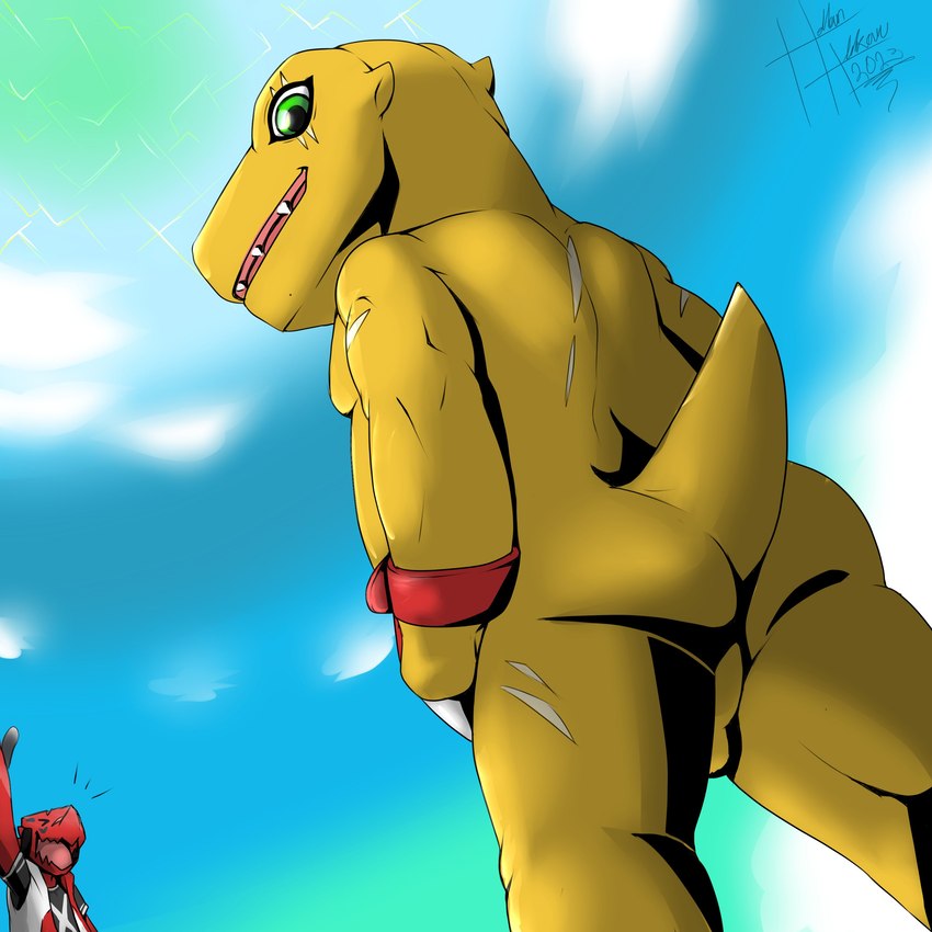 anthro backsack balls butt claws duo genitals green_eyes looking_at_viewer low-angle_view male nude red_body scar yellow_body heibanhikaru bandai_namco digimon axl_shoutmon agumon digimon_(species) scalie shoutmon 1:1 2023 absurd_res hi_res