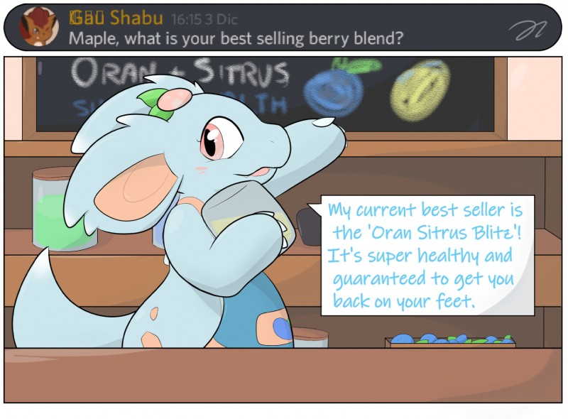 berry blush dialogue feral food fruit male oran_berry pecha_berry plant pokemon_berry semi-anthro sitrus_berry smile solo talking_feral text delta-eon nintendo pokemon pokemon_mystery_dungeon spike_chunsoft wanderlust fan_character maple_apicot generation_1_pokemon nidorina pokemon_(species) 2019 english_text hi_res