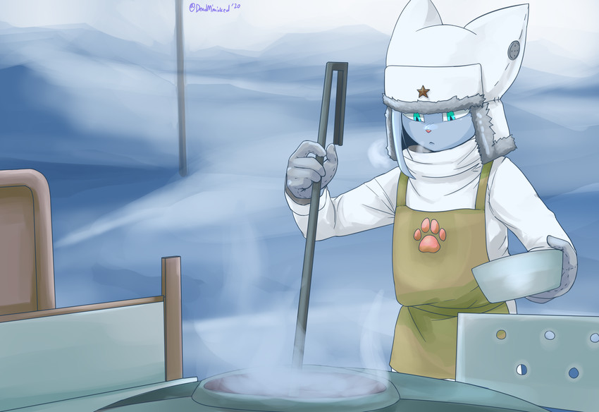 anthro apron bowl breath clothed clothing container female food furgonomics gloves handwear hat headgear headwear holding_object kitchen military outside russian snow solo soup steam sweater topwear turtleneck ushanka winter deadmimicked slavcat domestic_cat felid feline felis mammal 2020 hi_res