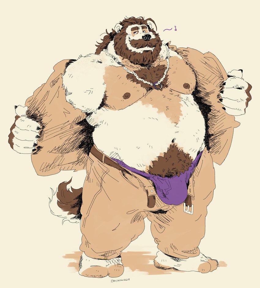 anthro beard belly belt body_hair bottomwear brown_hair bulge chest_hair clothed clothing ear_cuff ear_piercing facial_hair hair hair_bun happy_trail jewelry male mustache necklace nipples open_belt open_bottomwear open_clothing open_pants open_shirt open_topwear overweight overweight_anthro overweight_male pants pecs piercing purple_clothing purple_underwear shirt solo stocky topwear underwear undressing chuchowriggle root_(muttbear) bear giant_panda mammal qinling_panda 2025 absurd_res full-length_portrait hi_res portrait spot_color