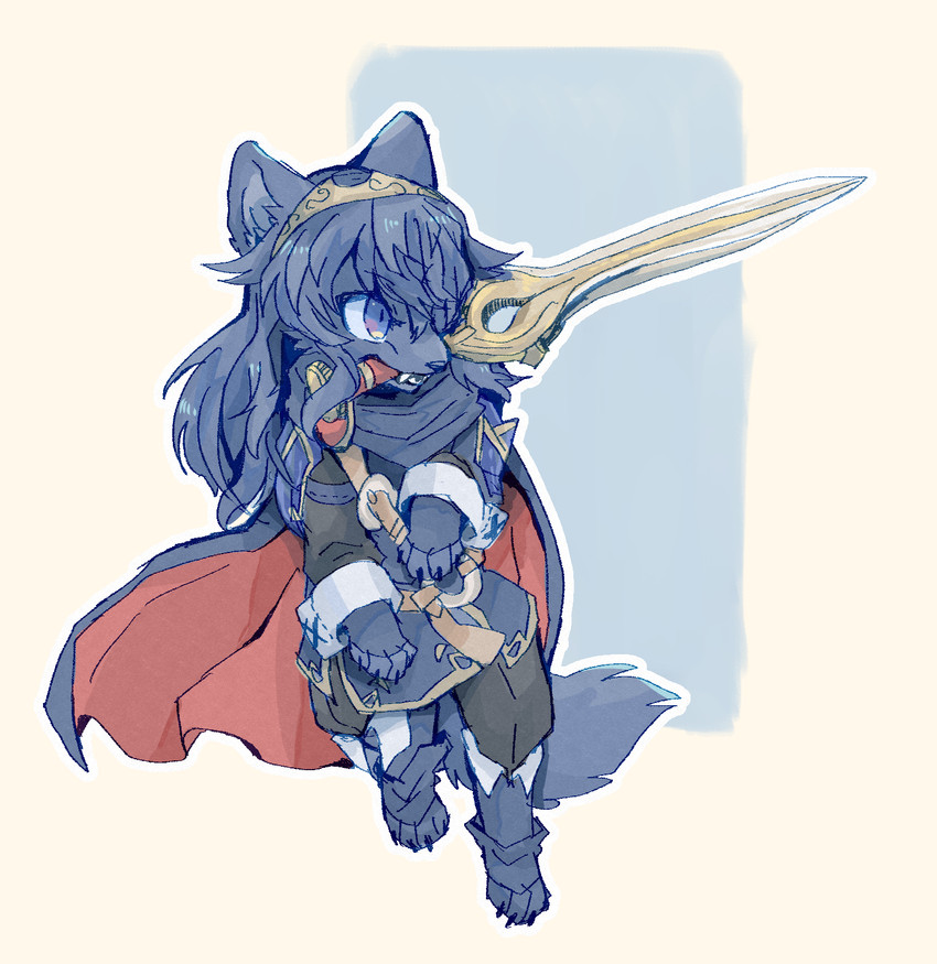 blue_body blue_eyes blue_fur blue_hair bottomwear cape clothed clothing crown fangs female feral feralized footwear fur hair headgear jumping melee_weapon pants paws shirt simple_background solo sword sword_in_mouth teeth tiara toeless_footwear topwear tunic weapon kemonngo fire_emblem nintendo lucina_(fire_emblem) canid canine canis domestic_dog mammal hi_res