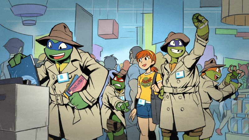 comic_book comic_con group selfie teenage_mutant_ninja_turtles teenage_mutant_ninja_turtles_(2012) april_o'neil donatello_(tmnt) leonardo_(tmnt) michelangelo_(tmnt) raphael_(tmnt) human mammal reptile scalie turtle 16:9 official_art widescreen