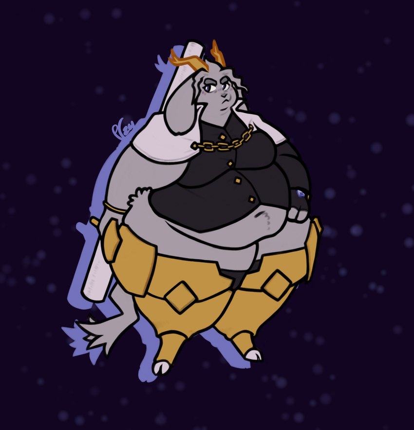 anthro belly_overhang black_clothing black_shirt black_topwear blue_eyes breasts chain clothing double_chin dream_breaker_(pseudoregalia) dress_shirt eyebrows fat_arms female fingerless_gloves floppy_ears fur gloves grey_body grey_fur hand_on_leg hand_on_thigh handwear holding_object horn huge_thighs leg_armor leg_tuft legwear medium_breasts navel obese obese_female overweight overweight_female shirt tail thick_thighs thigh_tuft topwear tuft yellow_clothing yellow_horn yellow_legwear hattiestgal pseudoregalia sybil_(pseudoregalia) bovid caprine goat lagomorph leporid mammal rabbit 2024 hi_res