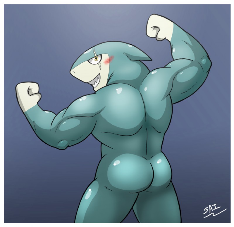 anthro blush butt glistening looking_at_viewer looking_back male muscular muscular_anthro muscular_male nude pose scar smile solo teeth shadowninja976 level-5 yo-kai_watch indiana_jaws_(yo-kai_watch) fish marine shark 2018 digital_media_(artwork) hi_res