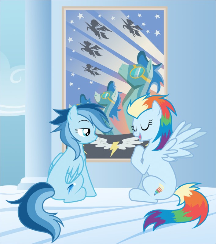 blue_background blue_body blue_border blue_eyes blue_fur blue_hair border cutie_mark duo eyes_closed feathered_wings feathers female feral fur hair multicolored_hair poster rainbow_hair shooting_star simple_background sitting tail wings kumkrum friendship_is_magic hasbro my_little_pony mythology wonderbolts_(mlp) equid equine mammal mythological_creature mythological_equine pegasus hi_res