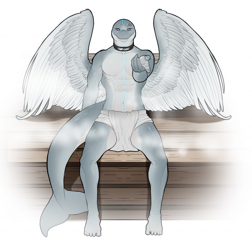 anthro athletic beckoning blue_eyes bottomwear clothing collar feathered_wings feathers gesture glowing_runes loincloth male runes sauna sitting solo spa steam wings beetleinabottle angel cetacean dolphin mammal marine oceanic_dolphin orca toothed_whale 2021 hi_res