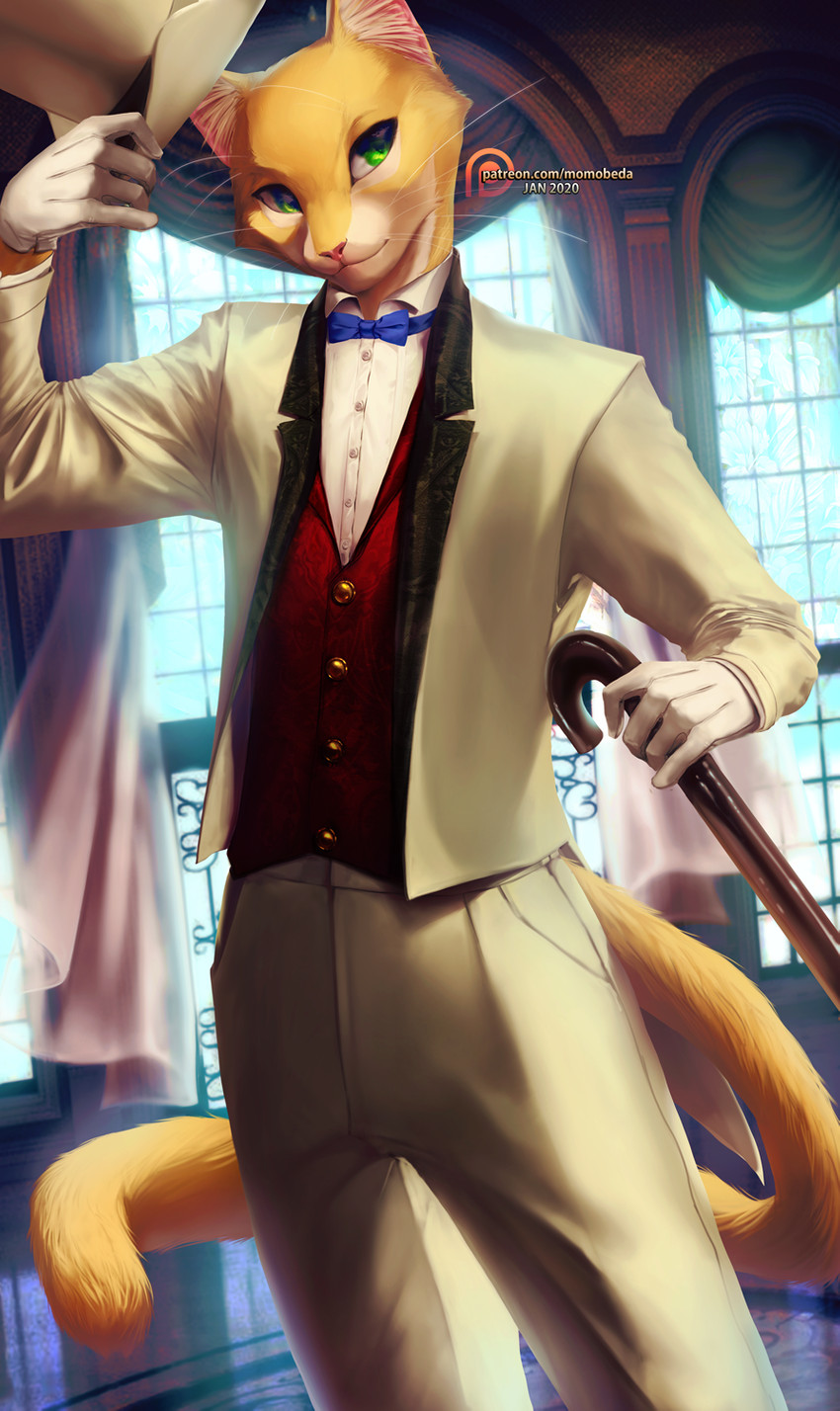 5_fingers bottomwear bow_tie cane clothed clothing detailed_background fingers fully_clothed gloves green_eyes handwear hat headgear headwear holding_clothing holding_headgear holding_headwear holding_object jacket long_tail male red_clothing red_topwear solo suit tail three_piece_suit topwear vest whiskers momobeda ghibli the_cat_returns baron_humbert_von_gikkingen domestic_cat felid feline felis mammal detailed hi_res