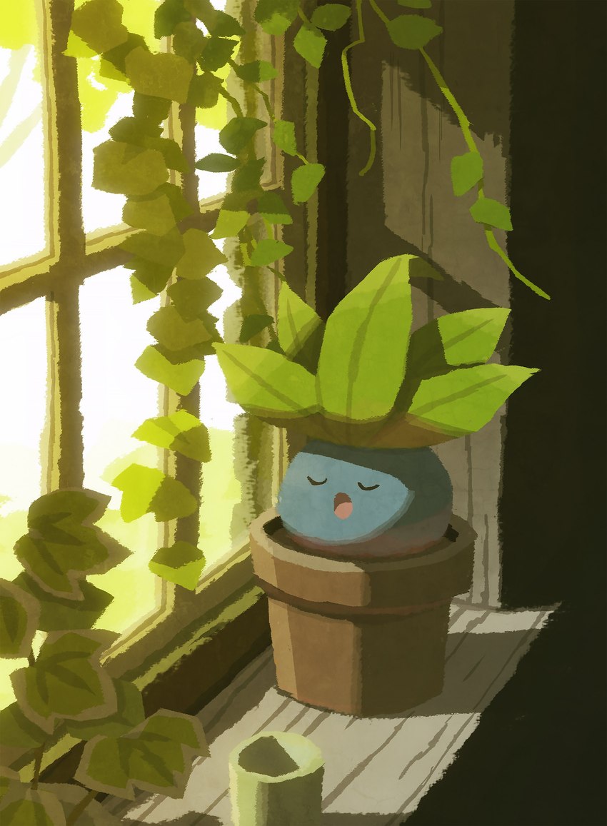 ambiguous_gender blue_body feral green_leaves ivy_(plant) light plant plant_pot sleeping solo sunlight vines window hyogonosuke nintendo pokemon elemental_creature flora_fauna generation_1_pokemon oddish pokemon_(species) absurd_res hi_res pastel_(artwork) traditional_media_(artwork)