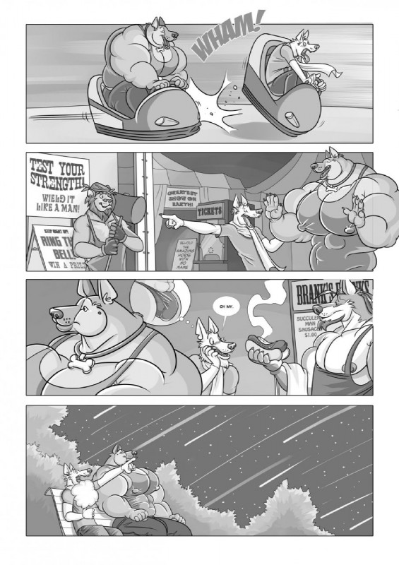 amusement_park anthro bench bone bumper_cars candy cotton_candy dessert dialogue food hot_dog male male/male meteor_shower muscular nipples scarf star text furious_(artist) meatier_shower beef_stroganov groover tanz canid canine canis domestic_dog german_shepherd herding_dog mammal pastoral_dog comic english_text hi_res monochrome