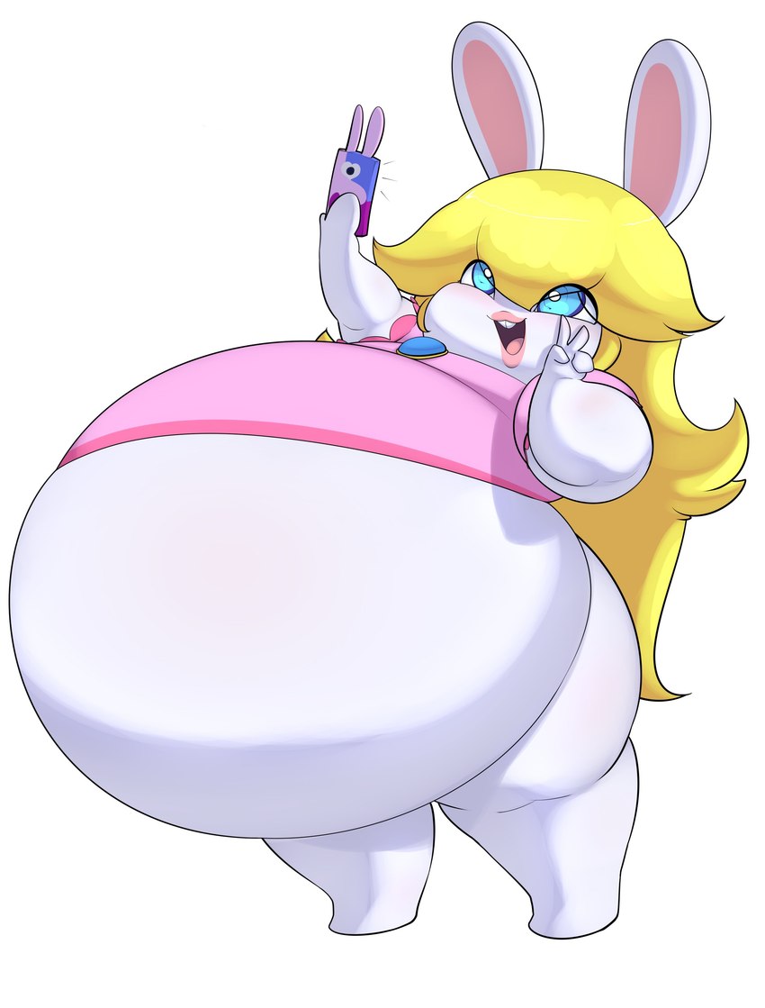 anthro belly big_belly blonde_hair blue_eyes cellphone clothing electronics female hair huge_belly hyper hyper_belly lipstick makeup obese obese_female overweight overweight_anthro overweight_female phone pink_clothing pink_lipstick pink_shirt pink_topwear selfie shirt solo thick_thighs tight_clothing topwear white_body princecoffeecakes mario_bros mario_plus_rabbids_kingdom_battle nintendo raving_rabbids rayman_(series) ubisoft rabbid_peach lagomorph mammal rabbid 2023 absurd_res cel_shading crossover hi_res shaded