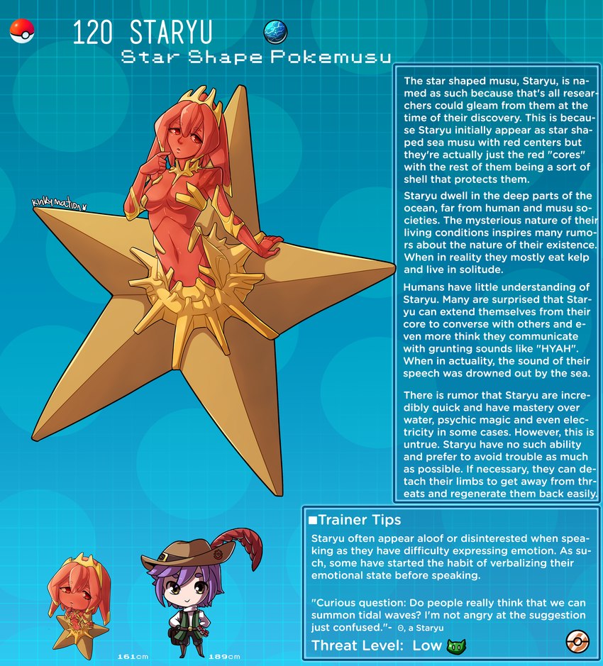 breasts chibi female hair legless male navel pokemorph red_body text unusual_hair kinkymation nintendo pokemon generation_1_pokemon human humanoid mammal marine pokemon_(species) staryu colored english_text hi_res