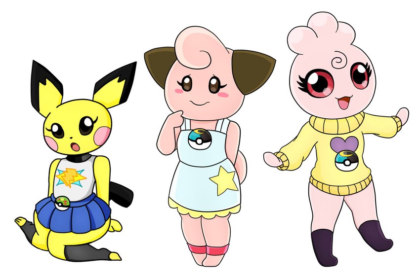 anthro black_eyes bottomwear brown_eyes clothing dress female footwear group hair legwear pink_body pink_hair pokeball red_eyes shirt simple_background skirt socks star sweater tail topwear trio white_background yellow_body urusee584 nintendo pokemon cleffa generation_2_pokemon igglybuff pichu pokemon_(species)