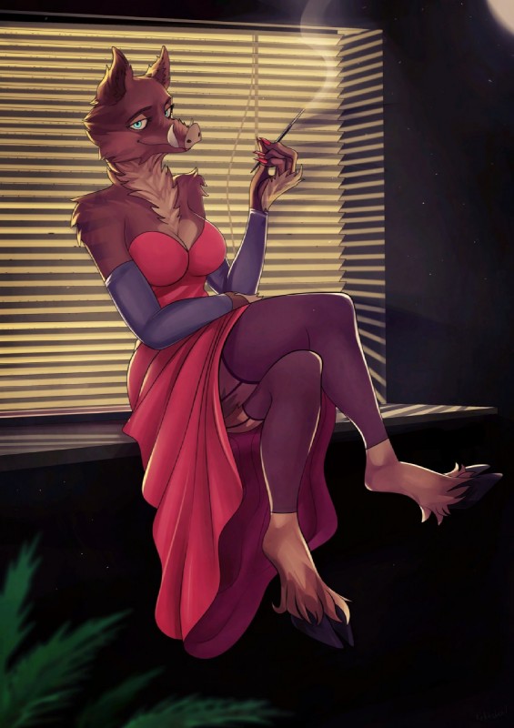 anthro blinds blue_eyes breasts brown_body brown_fur chest_tuft cigarette cigarette_holder clothing cloven_hooves colored_nails crossed_legs dress female fur hooves inside leggings legwear looking_at_viewer nails smile smoking solo tuft tusks kehushka mammal suid suine sus_(pig) wild_boar hi_res