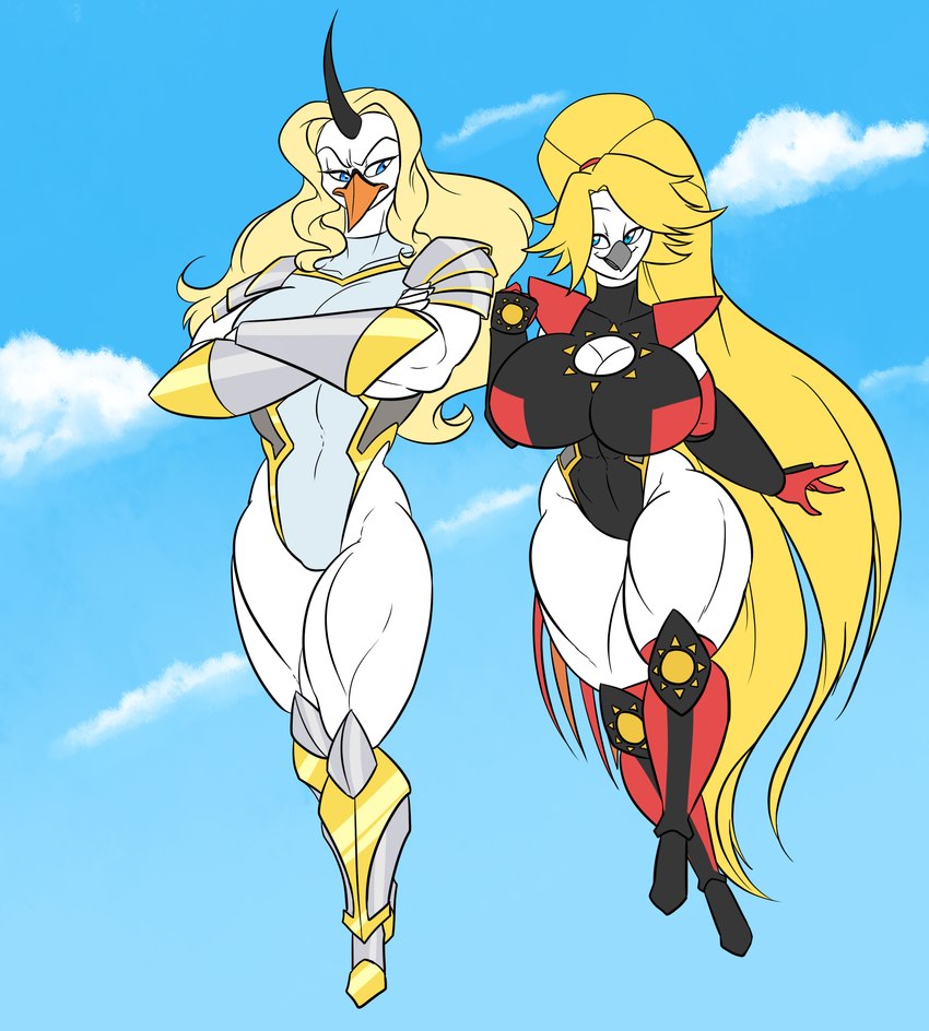 anthro armor big_breasts blonde_hair blue_eyes breast_implants breasts cleavage_cutout clothing crossed_arms cutout duo female flying hair horn huge_breasts leotard long_hair male muscular muscular_anthro muscular_female muscular_male romantic romantic_couple superhero thick_thighs kaboozle faith_miller sorkarta anatid anseriform anserinae avian bird chicken deity galliform gallus_(genus) phasianid qualuon swan hi_res