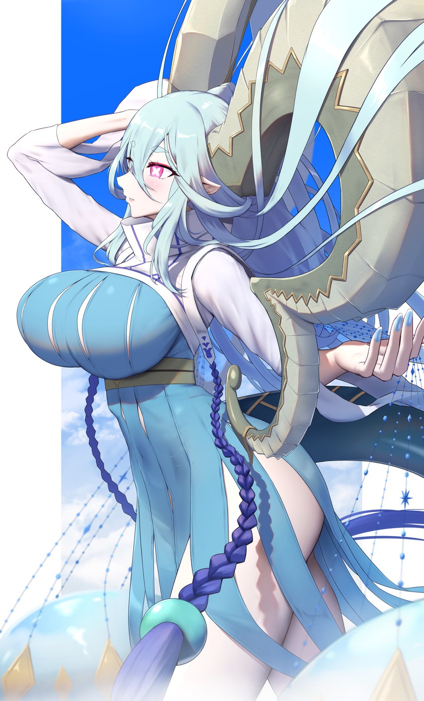 big_breasts blue_hair blue_nails border braided_hair breasts clothed clothing cloud colored_nails female glistening glistening_body glistening_skin hair horn huge_breasts humanoid_pointy_ears larger_female light_body light_skin nails not_furry pointy_ears size_difference sku solo white_border x_eyes shiroshisu fate_(series) mythology type-moon tiamat_(fate) horned_humanoid humanoid absurd_res digital_media_(artwork) hi_res