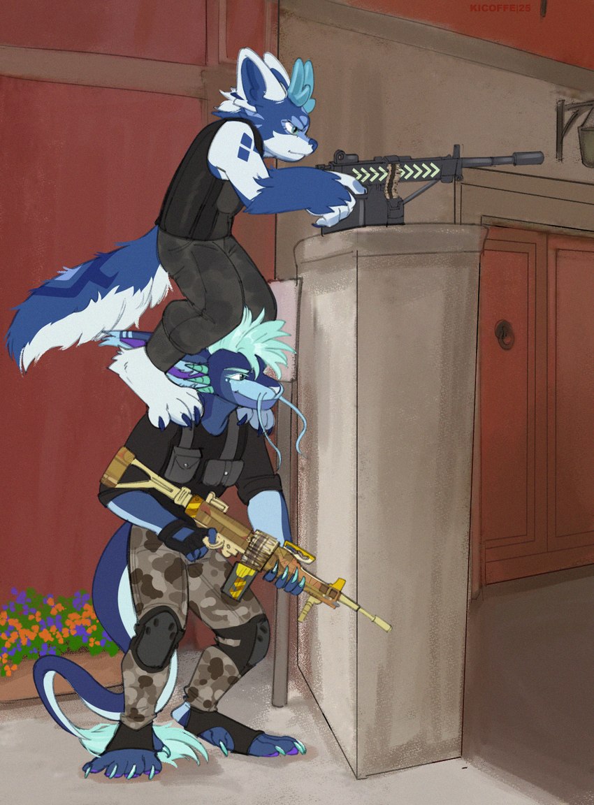 4_toes 5_fingers barbel_(anatomy) blue_body blue_fur blue_hair claws clothing door feet fingers flesh_whiskers fur green_eyes gun hair horn kemono lamp lantern long_ears long_hair long_tail machine_gun military_uniform multicolored_body multicolored_fur pawpads purple_pawpads ranged_weapon smile spikes spikes_(anatomy) standing standing_on_another tail tail_tuft toes tuft uniform wall_(structure) weapon kicoffe counter-strike mythology lix_(vernid) canid canine canis dragon eastern_dragon hybrid mammal mythological_creature mythological_scalie scalie vernid wolf 2025 digital_media_(artwork) hi_res