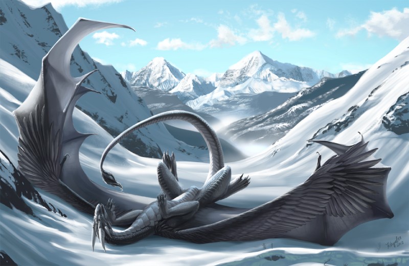 ambiguous_gender blue_eyes claws cloud digitigrade feathered_wings feathers feral horn legs_up looking_at_viewer lying mountain on_back open_mouth outside scales snow solo tail wings khyaber mythology pitchblack dragon feathered_dragon feathered_scalie mythological_creature mythological_scalie scalie 2012 cool_colors