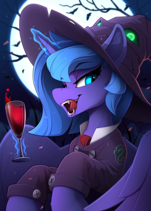 blood bodily_fluids branch clothing female feral full_moon glass glowing glowing_horn hogwarts_uniform holidays horn levitation magic moon night school_uniform slytherin solo star telekinesis tongue tongue_out uniform wings yakovlev-vad friendship_is_magic halloween harry_potter_(series) hasbro my_little_pony mythology princess_luna_(mlp) equid equine mammal mythological_creature mythological_equine vampire winged_unicorn 2019 crossover hi_res