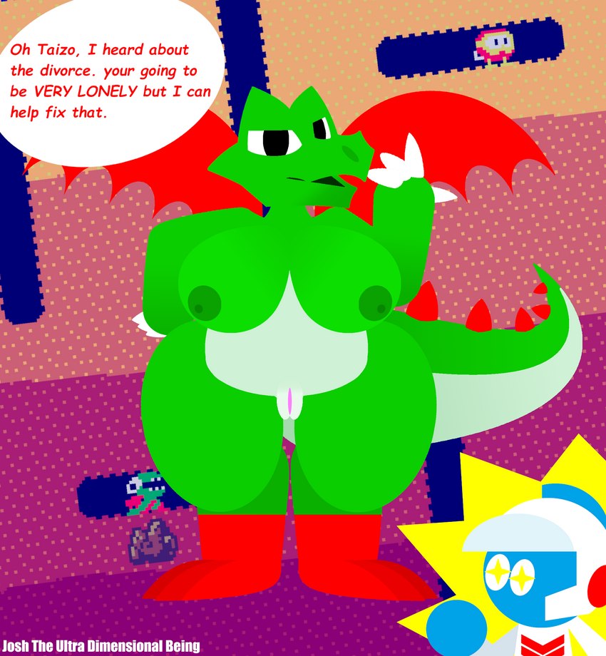 anthro breasts dialogue duo female genitals male male/female nipples non-mammal_nipples pussy seductive slightly_chubby solo speech_bubble tail text thick_thighs wings josh_the_ultra_dimensional_being bandai_namco dig_dug mythology taizo_hori dragon fygar human humanoid mammal mythological_creature mythological_scalie pooka pooka_(dig_dug) scalie absurd_res hi_res