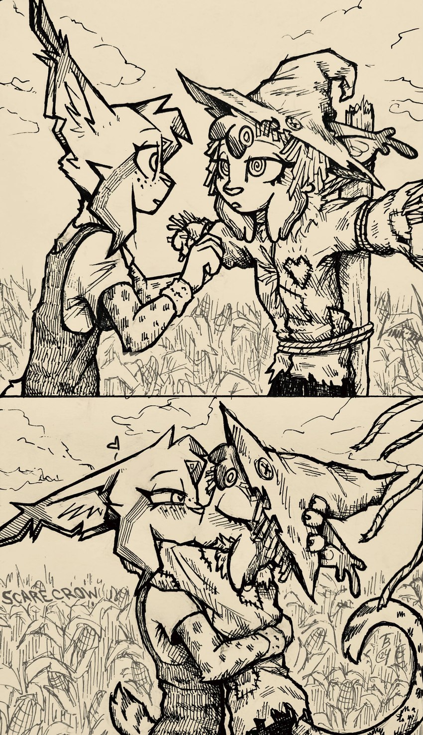 ambiguous_gender anthro blush clothing detailed_background duo eyes_closed fur hat headgear headwear kissing outside scarecrow spiral_eyes theblueberrycarrots inktober berry_(theblueberrycarrots) carrot_(theblueberrycarrots) marc_(theblueberrycarrots) felid feline lynx mammal 2024 absurd_res hi_res traditional_media_(artwork)