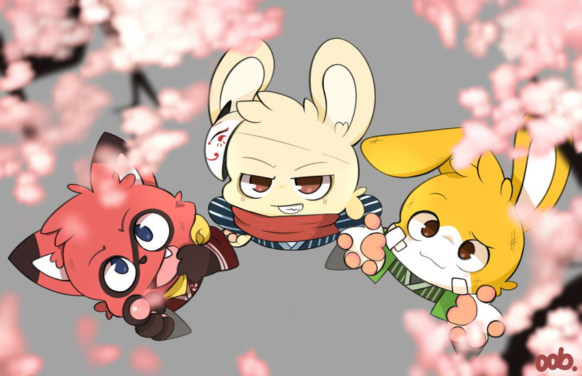 ambiguous_gender anthro cherry_blossom clothed clothing flower group looking_at_viewer open_mouth plant prunus_(flower) smile trio young young_anthro ping_koon 8chan nate_(8chan) oob_(character) lagomorph leporid mammal rabbit 2018 hi_res signature