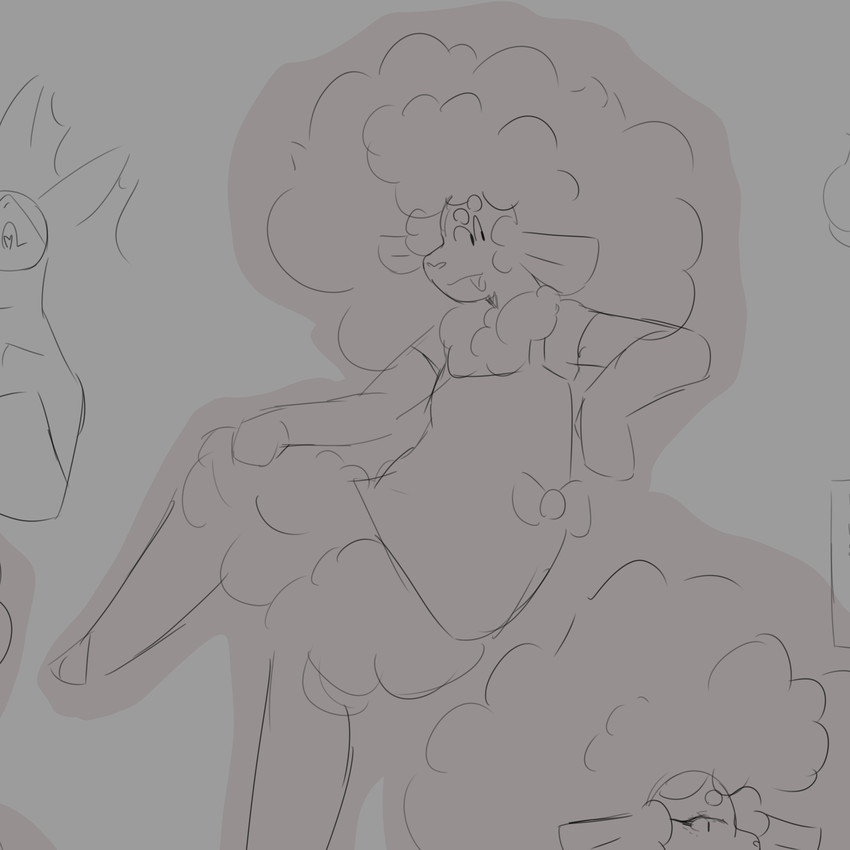 anthro arms_bent black_eyes circle_eyebrows clothed clothed_anthro clothed_male clothing curly_hair eyebrows eyelashes female female_anthro fur grey_body grey_bow grey_clothing grey_eyes grey_fur grey_hair grey_hooves grey_nose grey_sweater grey_tongue grey_topwear hair hand_on_leg hand_on_own_leg heart_eyes heart_symbol hooves male male_anthro medium_hair mitten_hands mostly_offscreen_anthro mostly_offscreen_character mostly_offscreen_female open_mouth open_smile simple_background sitting smile solo solo_focus sweater tongue topwear wool_(fur) buleruby nintendo pokemon bule_(buleruby) bovid caprine eeveelution generation_1_pokemon mammal pokemon_(species) sheep vaporeon 1:1 2025 absurd_res digital_drawing_(artwork) digital_media_(artwork) english_description hi_res monochrome sketch