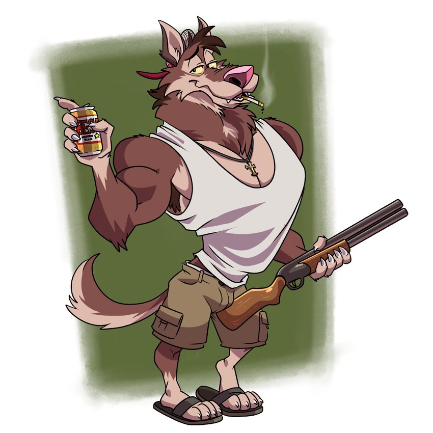 alcohol anthro armpit_hair beer beverage beverage_can black_clothing black_footwear black_shoes body_hair bottomwear brown_body brown_fur cargo_shorts cigarette claws clothed clothing footwear fur green_background gun hat headgear headwear holding_beverage holding_object khaki_shorts male monotone_clothing monotone_shirt monotone_topwear muscular muscular_anthro muscular_male pecs pink_nose ranged_weapon sandals shirt shoes shorts simple_background smoking solo tan_body tan_fur tank_top topwear underwear weapon white_clothing white_shirt white_tank_top white_topwear white_underwear yellow_sclera zurdomon canid canine canis mammal wolf 1:1