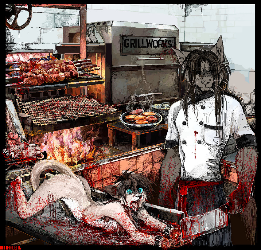 amputation amputee anthro apron bad_end barbecue blood blood_on_clothing blood_on_face blood_on_hand blood_splatter blue_eyes bodily_fluids bound brick_wall cannibalism chef cleaver_(knife) clothed clothing cooking cooking_with_furs cookware covered_in_blood crying cutlery detailed_background disability dismemberment duo feet fire food food_dressed frying_pan fur furniture gore grey_body grey_fur grey_hair grill grimdark hair inner_ear_fluff inside kitchen_knife kitchen_utensils knife machine male meat monotone_body monotone_fur nude open_mouth severed_body_part severed_hand severed_leg severed_limb shocked smoke table tan_body tan_fur tears tools toothpick tuft violence wall_(structure) jeffusherb domestic_cat felid feline felis mammal detailed digital_media_(artwork) digital_painting_(artwork) painting_(artwork) pixel_(artwork)