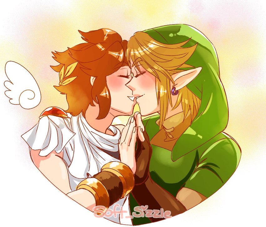 blonde_hair blush brown_hair clothing crossover_ship duo ear_piercing ear_ring hair hand_holding human_on_humanoid humanoid_pointy_ears imminent_kiss interspecies light_body light_skin male male/male not_furry piercing pointy_ears ring_piercing simple_background soft_sizzle kid_icarus nintendo the_legend_of_zelda link pit_(kid_icarus) elf human humanoid hylian mammal crossover