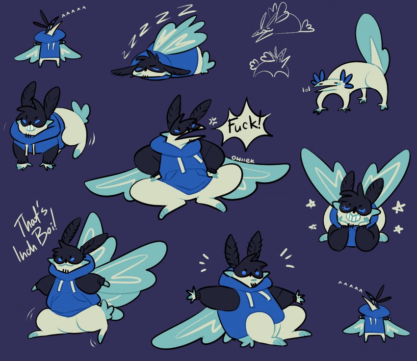 :3 aaaaaaaaaaa alternate_species antennae_(anatomy) anthro arm_markings beard biped black_antennae black_clothing black_hair black_hoodie black_topwear blue_background blue_body blue_clothing blue_eyes blue_fur blue_hoodie blue_markings blue_tail blue_topwear blue_wings bottomless chibi clothed clothing cross-popping_vein dialogue dot_eyes ear_markings emanata eyelashes eyes_closed facial_hair featureless_crotch feet feral feralized foot_markings fur grin hair hand_markings hand_on_face hoodie humanoid_pointy_ears insect_wings leg_markings loaf lying male male_anthro male_feral markings multicolored_clothing multicolored_topwear open_mouth outstretched_arms partially_clothed partially_clothed_anthro partially_clothed_feral partially_clothed_male paws profanity quadruped screaming semi-anthro short_tail simple_background sitting sleeping smile smug solo sound_effects speech_bubble star tail text topwear two_tone_clothing two_tone_hoodie two_tone_topwear vowelless vowelless_sound_effect walking white_body white_fur wings zzz ollek origins_(minecraft_mod) origins_smp sneegsnag amphibian arthropod axolotl hybrid inchling_(origins) insect lagomorph lepidopteran leporid mammal marine mole_salamander moth rabbit salamander 2022 blue_theme cool_colors digital_drawing_(artwork) digital_media_(artwork) english_text flat_colors handwritten_text multiple_images sketch