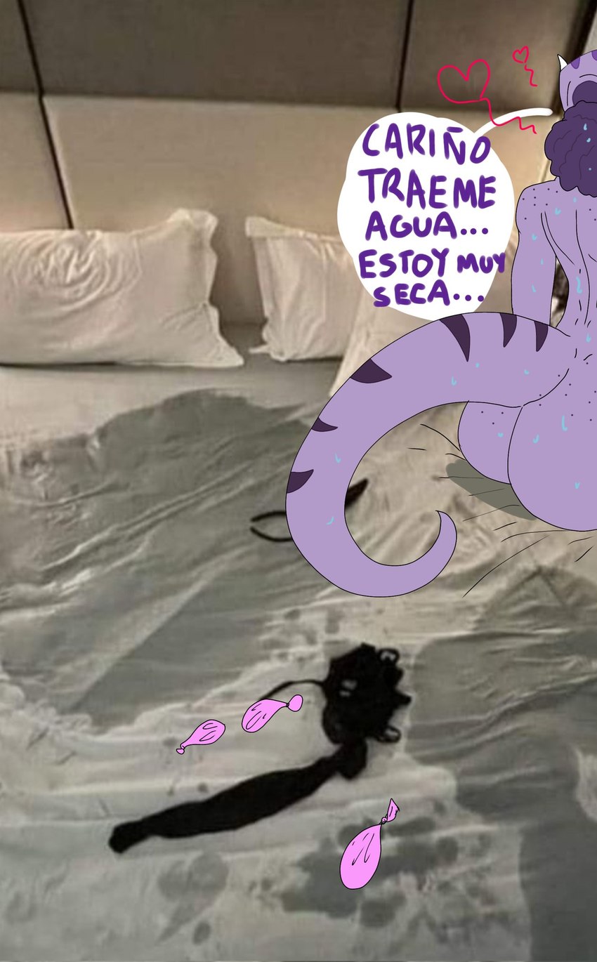 after_sex anthro bed big_butt bodily_fluids bubble_butt butt condom dialogue female freckled_butt freckles frill_(anatomy) furniture hair long_tail nude on_bed photo_background purple_body purple_hair purple_scales scales sexual_barrier_device sitting solo sweat sweatdrop tail text wide_hips nuar_come_mundos cavemanon_studios goodbye_volcano_high snoot_game trish_(gvh) ceratopsian dinosaur ornithischian prehistoric_species reptile scalie triceratops 2024 digital_drawing_(artwork) digital_media_(artwork) hi_res photography_(artwork) spanish_text translated