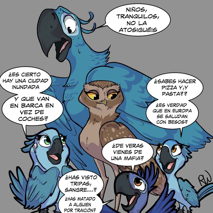 beak black_beak blue_body blue_feathers brown_body brown_feathers feathers female feral group male male/female simple_background speech_bubble text blasdm1 pikrowlet blu_waifu blue_sky_studios rio_(series) betta_the_burrowing_owl_(blu_waifu) bia_(rio) blu_(rio) carla_(rio) tiago_(rio) athene_(genus) avian bird burrowing_owl macaw neotropical_parrot owl parrot spix's_macaw true_owl true_parrot 1:1 comic hi_res signature sketch spanish_text translated