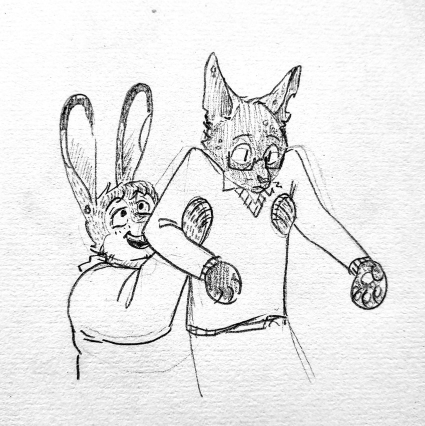 alternate_species ambiguous_gender anthro canon_couple clothed clothing duo eyewear fully_clothed furrification glasses handpaw holding_another hoodie long_ears notched_ear pawpads paws smile sweater topwear whiskers gammija the_magnus_archives jonathan_sims martin_blackwood domestic_cat felid feline felis hare lagomorph leporid mammal graphite_(artwork) hi_res monochrome traditional_media_(artwork) male_(lore)