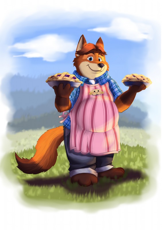 anthro apron belly big_belly blue_eyes bottomwear brown_body brown_fur brown_hair clothing denim denim_bottomwear denim_clothing dessert food fur grass hair jeans looking_at_viewer male orange_body orange_fur overweight overweight_anthro overweight_male pants pastry pie plant plantigrade smile solo aotoaka purplepalepie disney zootopia gideon_grey canid canine fox mammal red_fox true_fox 2018 absurd_res hi_res