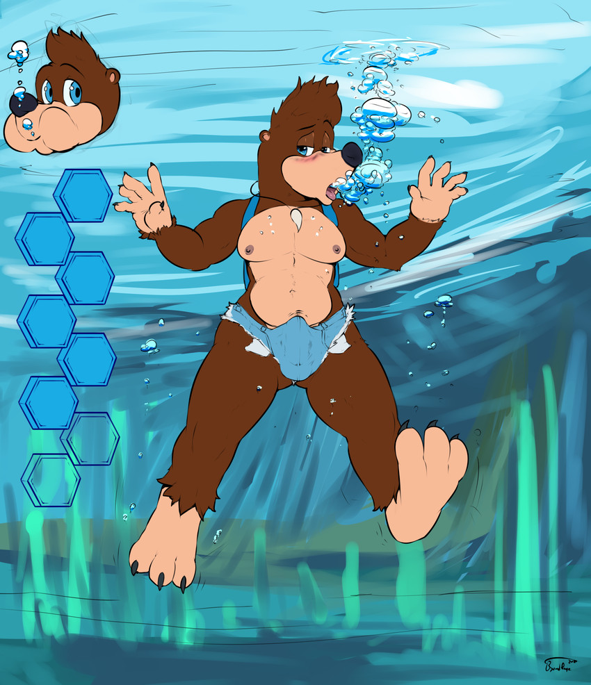 3_toes 5_fingers air_bubble anthro blue_bottomwear blue_clothing blue_eyes bottomwear brown_body brown_fur bulge claws clothed clothing denim denim_bottomwear denim_clothing denim_shorts detailed_bulge erection erection_under_clothing feet femboy finger_claws fingers fur genital_outline looking_at_viewer male moobs nipples open_mouth penis_outline shorts solo toe_claws toes tongue underwater water byondrage banjo-kazooie rareware banjo_(banjo-kazooie) bear mammal 2020 absurd_res hi_res