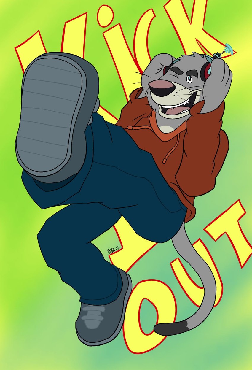 anthro bottomwear clothing electronics grey_body headphones hoodie humanoid_hands male open_mouth pants simple_background smile solo topwear kaibostudios brok_the_investigator cowcat_games graff_filsh domestic_cat felid feline felis mammal 2024 hi_res