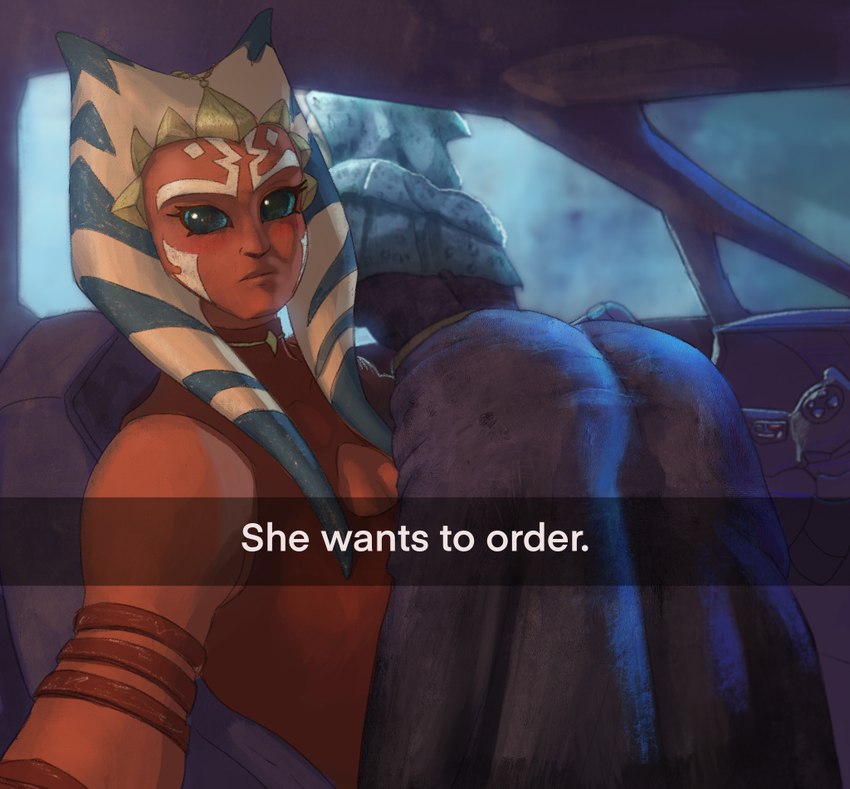 blue_eyes breasts butt car car_interior choker clothing duo eyelashes facial_markings female head_markings inside_car inside_vehicle jewelry lekku_(anatomy) looking_at_viewer markings necklace not_furry orange_body orange_skin text vehicle raikoh-illust clone_wars he_wants_to_order star_wars ahsoka_tano barriss_offee alien alien_humanoid humanoid mirialan togruta 2022 english_text meme