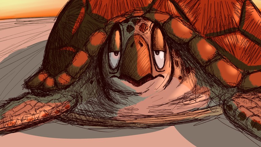 beak eye_bags feral flippers half-closed_eyes looking_at_viewer male narrowed_eyes open_mouth outside shell sketchy solo sunset badday_(artist) dragon_ball turtle_(dragon_ball) reptile scalie sea_turtle turtle 16:9 hi_res widescreen