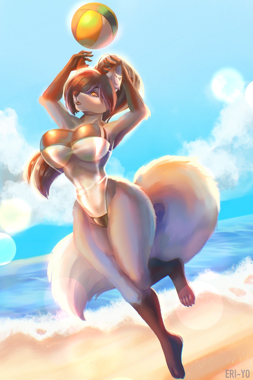 4_toes 5_fingers anthro beach black_hair breasts day detailed_background eyebrows eyelashes feet female fingers hair orange_eyes outside sand seaside shoreline sky solo toes water eri-yo canid canine mammal 2023 digital_media_(artwork) hi_res