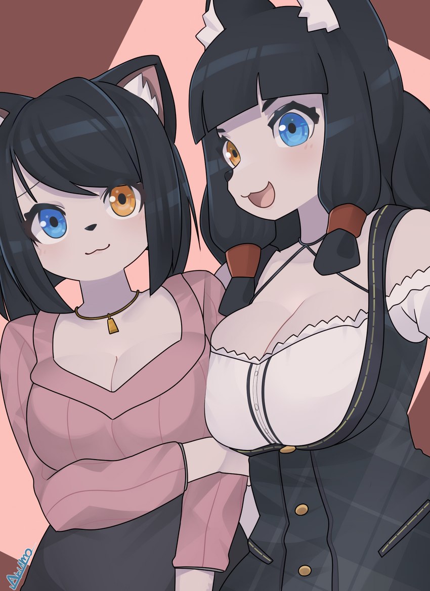 anthro big_breasts blue_eyes breasts brown_eyes cleavage clothed clothing duo eyes_closed female hair heterochromia jewelry long_hair looking_at_viewer necklace short_hair smile sweater topwear arumo canid canine domestic_cat felid feline felis fox mammal hi_res