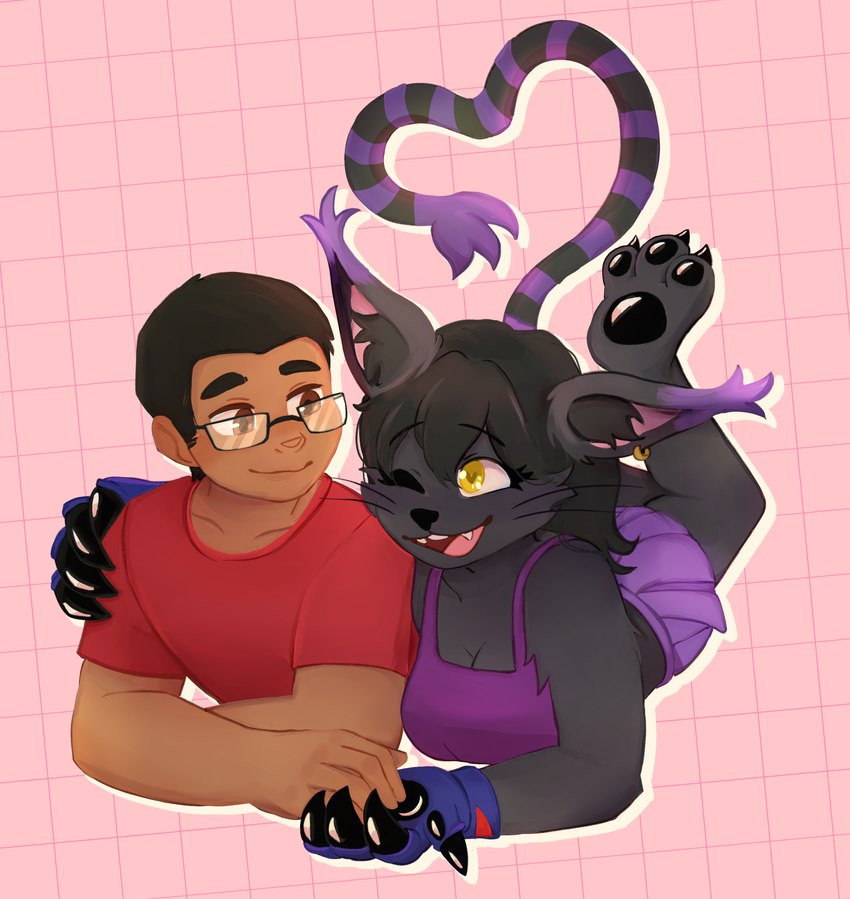 3_toes anthro black_body black_claws black_fur black_hair black_pawpads bottomwear claws clothing duo ear_tuft eyewear feet female fur glasses hair hand_holding heart_shaped_tail human_on_anthro_romance male markings pawpads purple_bottomwear purple_clothing purple_shirt purple_skirt purple_tank_top purple_topwear shirt skirt smile striped_markings striped_tail stripes tail tail_markings tank_top toes topwear tuft shupercami bandai_namco digimon the_succubus_hunt champion_(the_succubus_hunt) meri_(gatomon_form) meri_(the_succubus_hunt) blackgatomon digimon_(species) domestic_cat felid feline felis human mammal absurd_res hi_res