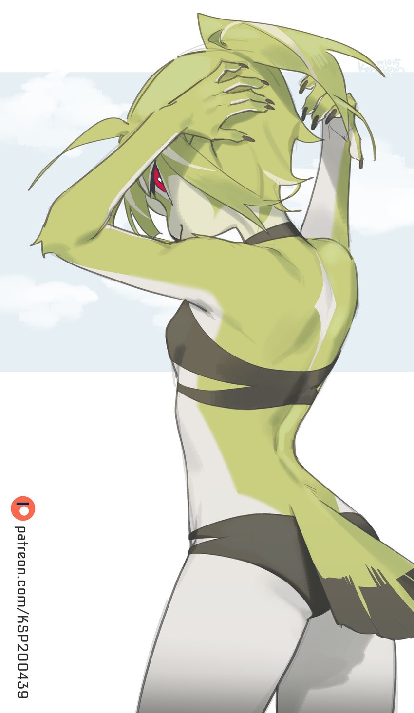 anthro beak bikini breasts clothing feathers female green_body green_feathers green_hair hair hands_behind_head looking_at_viewer looking_back looking_back_at_viewer navel non-mammal_breasts non-mammal_navel red_eyes slim small_breasts small_waist smile solo swimwear tail tail_feathers tuft two-piece_swimsuit kaltespur avian bird absurd_res hi_res