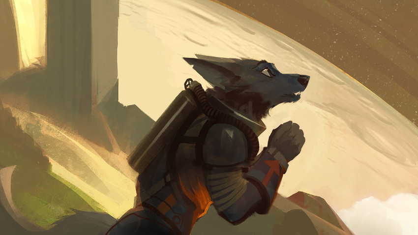 anthro biped black_body black_fur black_nose blue_eyes clasped_hands clothed clothing fur looking_forward male moon notched_ear open_mouth oxygen_tank science_fiction solo space spacesuit standing lofi canid canine canis mammal wolf 16:9 4k absurd_res hi_res widescreen