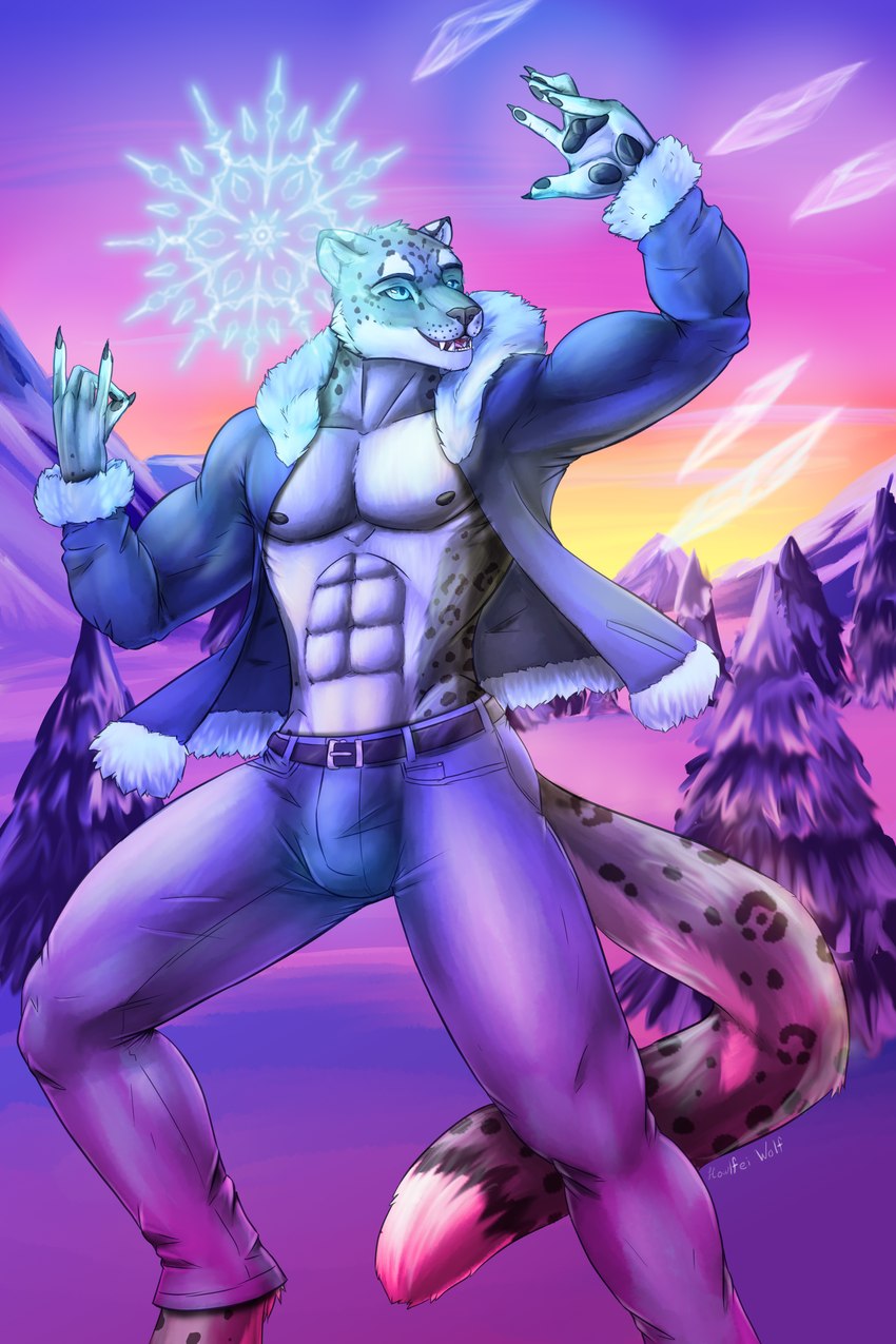 abs anthro belt biceps blue_eyes bottomwear bulge claws clothed clothing denim denim_bottomwear denim_clothing detailed_background evergreen_tree fangs fur grey_body grey_fur hoodie ice jacket jeans leopard_spots magic male mountain multicolored_body multicolored_fur muscular muscular_anthro muscular_male nipples open_mouth outside pants pawpads pecs pine_tree plant snow solo spots sunset tail teeth topwear tree two_tone_body two_tone_fur howlfeiwolf felid feline felis mammal pantherine snow_leopard 2:3 absurd_res detailed digital_media_(artwork) hi_res