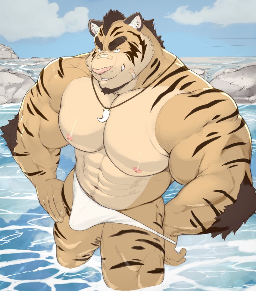 5_fingers abs anthro arm_tuft bandage bandage_on_face barazoku beach beard belly biceps big_biceps big_deltoids big_muscles big_pecs black_arms black_beard black_body black_ears black_face black_facial_hair black_fur black_head black_legs black_neck black_stripes blue_sky bottomwear bottomwear_pull brown_eyebrows brown_hair brown_jewelry brown_mane brown_necklace brown_neckwear bulge clothed clothing clothing_pull cloud countershade_belly countershade_body countershade_face countershade_neck countershade_torso countershading dark_beard day deltoids detailed_background elbow_tuft eyebrows facial_hair fingernails fingers forearm_muscles fur glistening glistening_arms glistening_body glistening_chest glistening_face glistening_fur glistening_head glistening_legs glistening_neck goatee grin hair hamstrings hand_on_leg hand_on_own_leg happy high-angle_view huge_deltoids huge_muscles huge_pecs humanoid_hands hyper hyper_biceps hyper_deltoids hyper_muscles hyper_pecs hyper_triceps inner_ear_fluff jewelry latissimus_dorsi light light_body light_fur looking_aside looking_at_viewer looking_away male male_anthro mane manly monotone_beard monotone_belly monotone_bottomwear monotone_chest monotone_clothing monotone_hands monotone_necklace monotone_neckwear monotone_speedo monotone_swimwear muscular muscular_anthro muscular_arms muscular_legs muscular_male muscular_thighs nails navel neck_muscles neck_tuft necklace nipples no_irises obliques open_mouth open_smile orange_body orange_fur outside partially_submerged pecs pink_nipples pink_nose pose quads rock seaside serratus shoreline skimpy_bottomwear skimpy_speedo skimpy_swimwear sky small_eyes smile smiling_at_viewer smirk solo speedo speedo_pull striped_arms striped_body striped_fur striped_head striped_legs striped_neck stripes sunlight sunny swimwear swimwear_pull tan_arms tan_belly tan_body tan_chest tan_countershading tan_eyelids tan_face tan_fingernails tan_fingers tan_fur tan_hands tan_head tan_legs tan_nails tan_neck tenting thick_arms thick_eyebrows three-quarter_view tight_bottomwear tight_clothing tight_speedo tight_swimwear toony tooth_necklace topless topless_anthro topless_male trapezius triceps tuft two_tone_arms two_tone_face two_tone_head two_tone_legs two_tone_neck water wet white_bottomwear white_clothing white_inner_ear white_light white_lighting white_speedo white_swimwear thedragonred12 felid mammal pantherine tiger eyelids 2021 colored digital_drawing_(artwork) digital_media_(artwork) hi_res lighting portrait shaded three-quarter_portrait