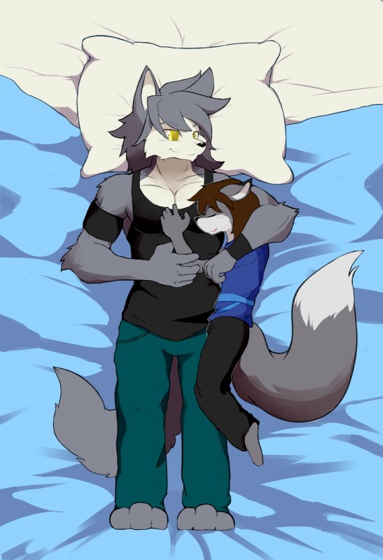 anthro barefoot bed bottomwear clothed clothing cuddling duo feet furniture male male/male pants romantic romantic_couple shirt simple_background size_difference sleeping t-shirt tank_top topwear whiteleo morenatsu kouya_(morenatsu) sirus canid canine canis domestic_dog fox husky mammal nordic_sled_dog spitz hi_res