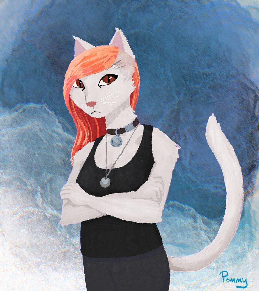 anthro bell bell_collar black_clothing black_shirt black_tank_top black_topwear blue_background bottomwear brown_eyes cat_tail clothing collar crossed_arms feline_ears feline_tail female fur grey_bottomwear grey_clothing grey_pants hair jewelry long_hair looking_at_viewer necklace orange_hair pants pink_nose red_hair shirt side_shave silver_(metal) silver_jewelry silver_necklace simple_background sleeveless sleeveless_shirt solo tank_top topwear whiskers white_body white_ears white_fur pynkpommy domestic_cat felid feline felis mammal hi_res trans_(lore) trans_woman_(lore)