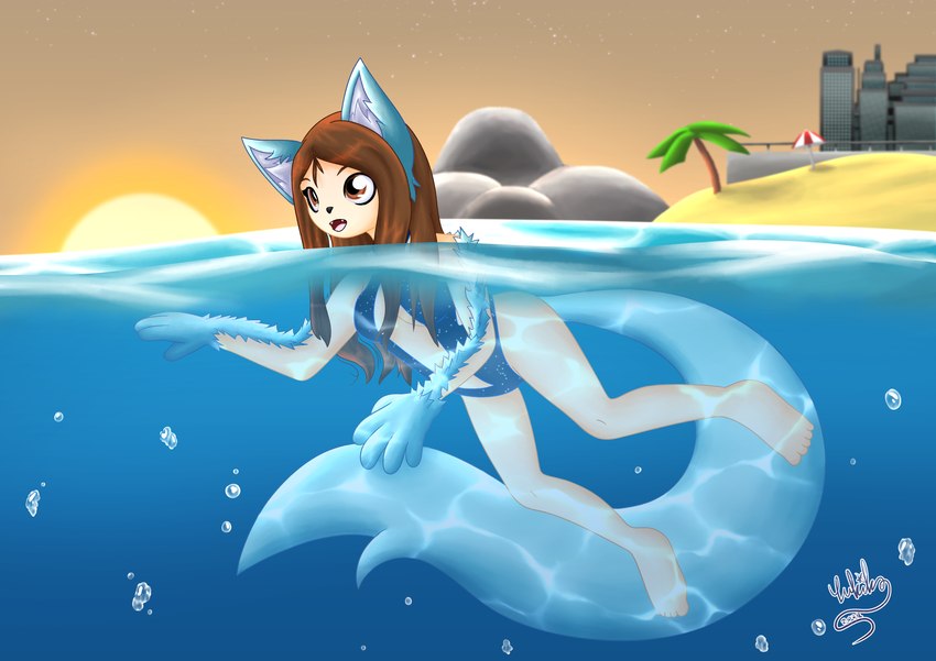 5_fingers anthro arm_markings beach bikini blue_arms blue_bikini blue_clothing blue_ears blue_swimwear blue_tail breasts brown_eyes brown_hair bubble city city_background clothing feet female fingers fluffy fluffy_tail fur hair handpaw humanoid_feet long_hair markings one-piece_swimsuit partially_submerged paws plantigrade sea solo starry_clothing sunrise swimming swimwear tail tan_body tan_fur two-piece_swimsuit underwater water waterline_view yukikosnowflake_(artist) yukiko_snowflake_(character) canid canine canis mammal wolf absurd_res digital_drawing_(artwork) digital_media_(artwork) hi_res