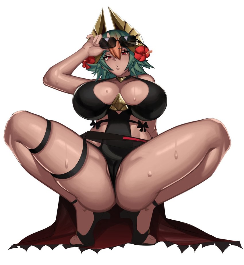 big_breasts bodily_fluids breasts cleavage clothed clothing crouching female genitals horn huge_breasts not_furry pussy side-tie_clothing side-tie_swimsuit side-tie_swimwear sideless_swimsuit solo spread_legs spreading sweat thick_thighs wide_hips kevbot fire_emblem fire_emblem_heroes nintendo laegjarn_(fire_emblem) horned_humanoid humanoid hi_res